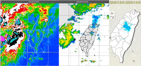今(14日)晨4時紅外線色調強化雲圖(左圖)顯示，臺灣海峽有對流雲接近中。4：20雷達回波合成圖(中圖)顯示，對流雲伴隨降水回波。4時累積雨量圖(右圖)顯示，苗、中、投山區已有降雨。 圖/取自「氣象應用推廣基金會」專欄