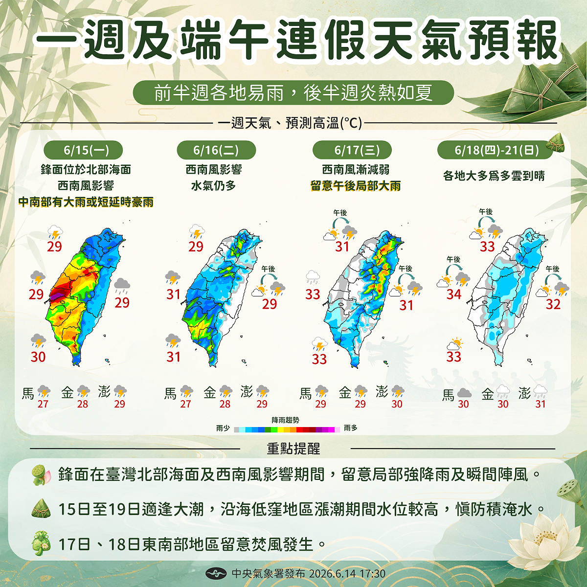 氣象署預報端午連假前半週易雨，中南部防大雨，週四起全台轉晴熱逾34度。 圖：氣象署／提供