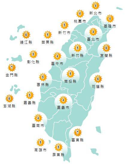 氣象署發布各地紫外線指數預報概況。 圖：氣象署提供