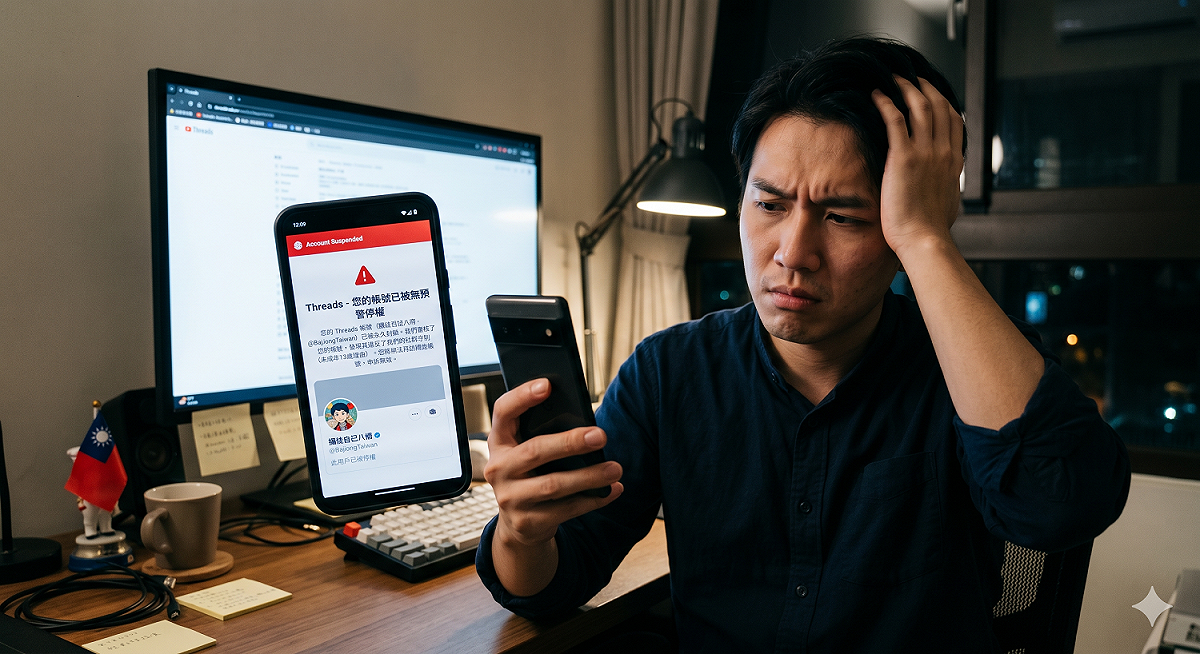 台灣人愛用的社群平台Threads近日爆出「災情」。台灣多名網紅的Threads帳號被無預警停權。(示意圖) 圖：Gemini AI生成 / 林冠妤 製