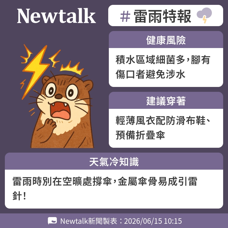 雷雨時別在空曠處撐傘，金屬傘骨易成引雷針！ 圖：Newtalk製表