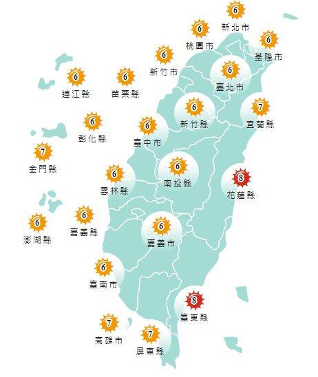 氣象署發布各地紫外線指數預報概況。 圖：氣象署提供