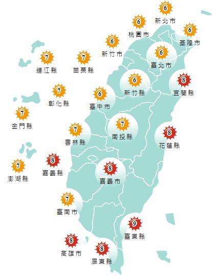 氣象署發布各地紫外線指數預報概況。 圖：氣象署提供