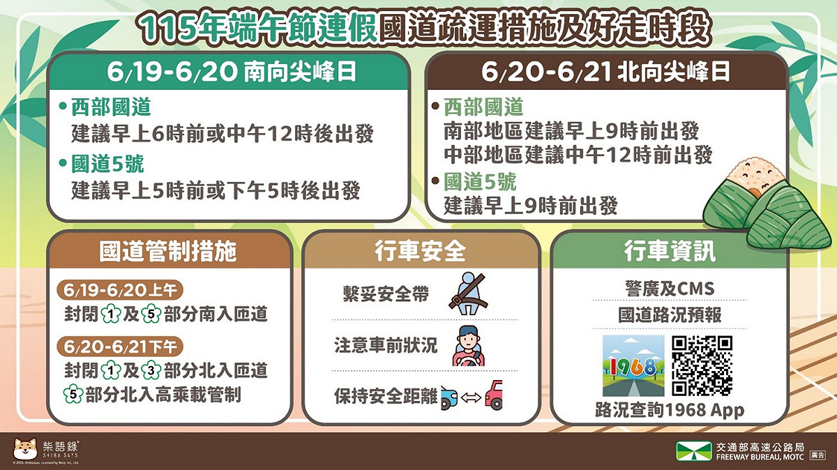 115年端午節連假國道疏運措施及好走時段。 圖：高速公路局／提供