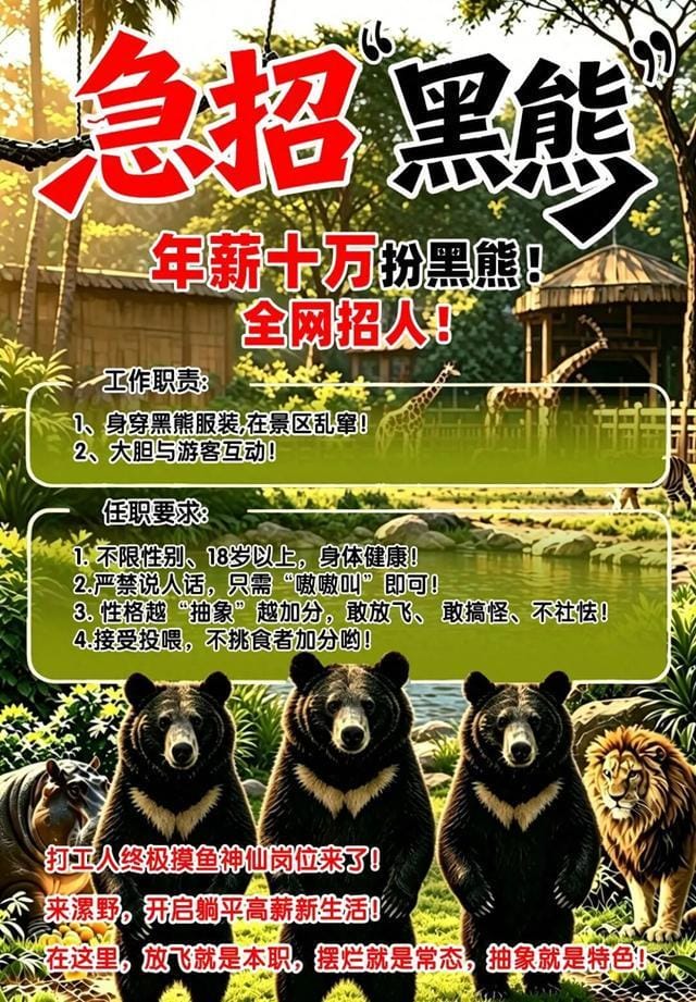 中國河南省漯河市一處野生動物園推出「年薪10萬元人民幣徵人扮黑熊」的招募訊息，引發網路熱議。 圖:翻攝自網易