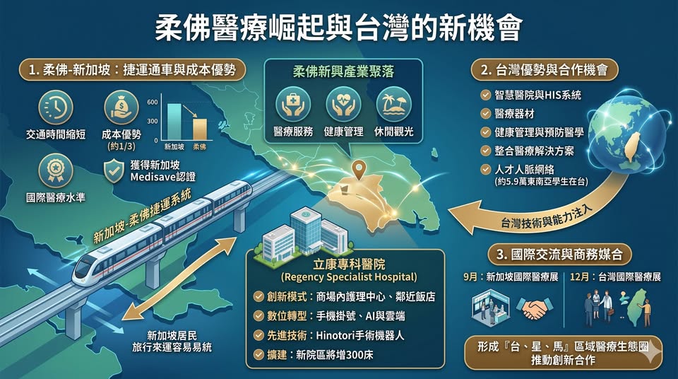 隨著新加坡—柔佛捷運系統預計於明年初正式通車，一個結合醫療服務、健康管理與休閒觀光的新興產業聚落，正在柔佛快速成形。台灣不僅有機會參與其中，更有潛力成為推動區域醫療創新與合作的重要夥伴。 圖：翻攝童振源臉書