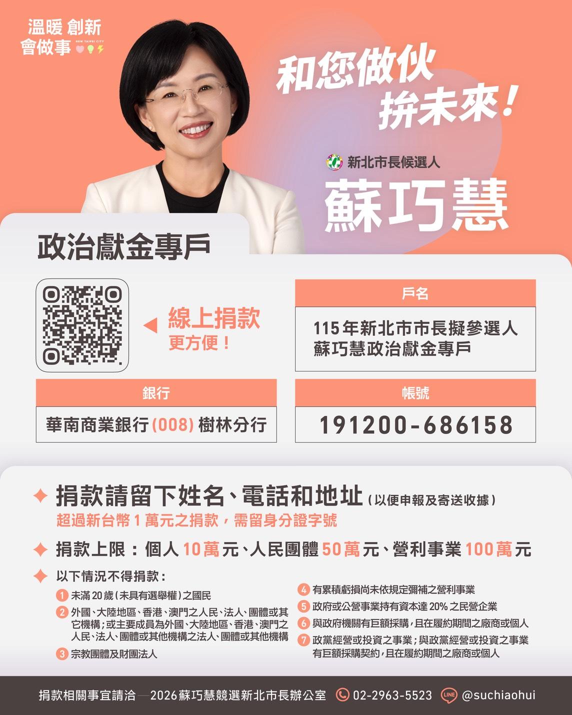 民進黨新北市長參選人蘇巧慧今（18）日正式公布政治獻金線上捐款平台。 圖：蘇巧慧辦公室提供