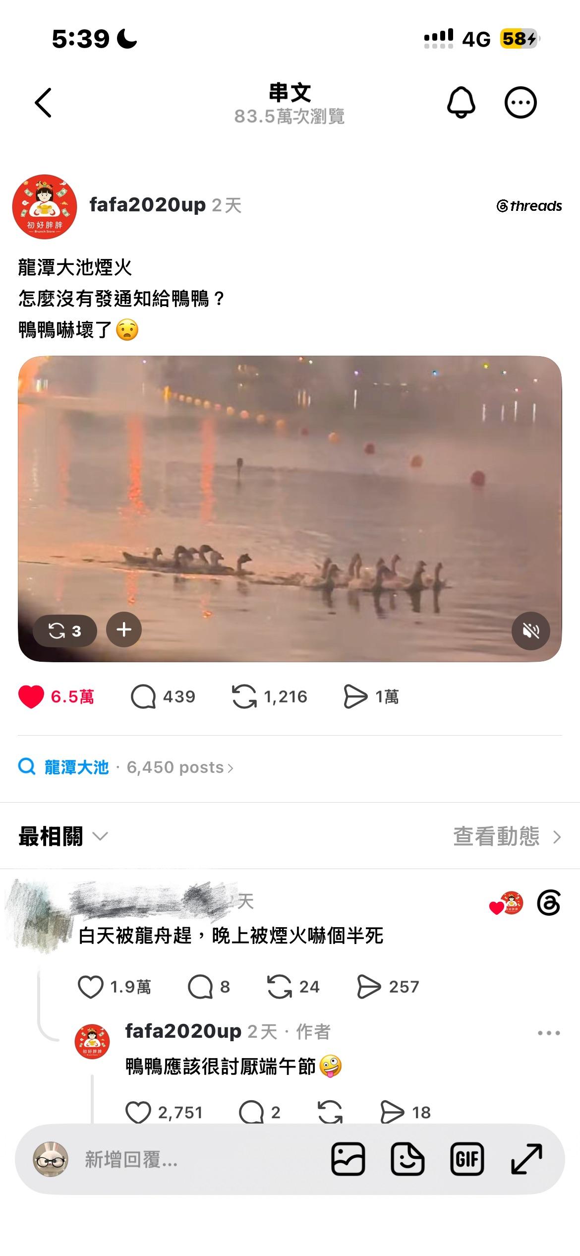 動物們準備休息時，突然毫無預警地迎來整整 8分鐘「環湖多點」的連環巨響與刺眼強光，這對聽覺敏銳的牠們來說就像世界末日，難怪會嚇到瞬間「集體抱團」往岸邊衝刺狂奔。 圖：翻攝自Threads@fafa2020up