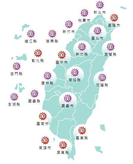 氣象署發布各地紫外線指數預報概況。 圖：氣象署提供