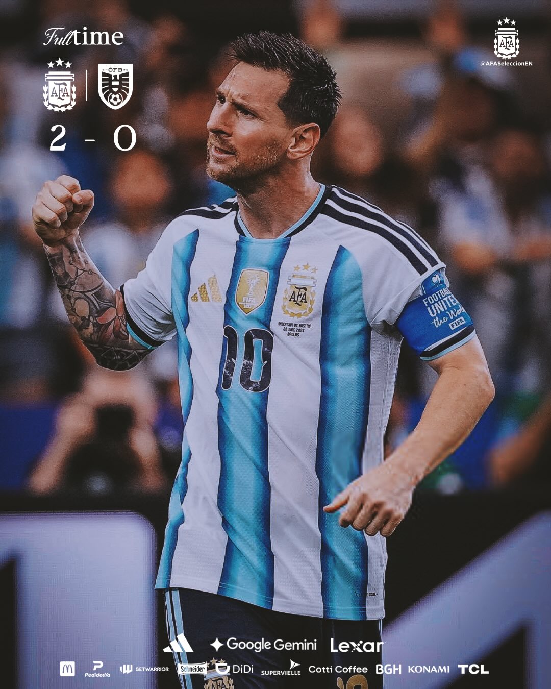 衛冕軍阿根廷今（23）日凌晨對上奧地利，最終靠著球王梅西（Lionel Messi）梅開二度，以2：0擊敗對手。 圖：翻攝自@afaseleccionen Threads