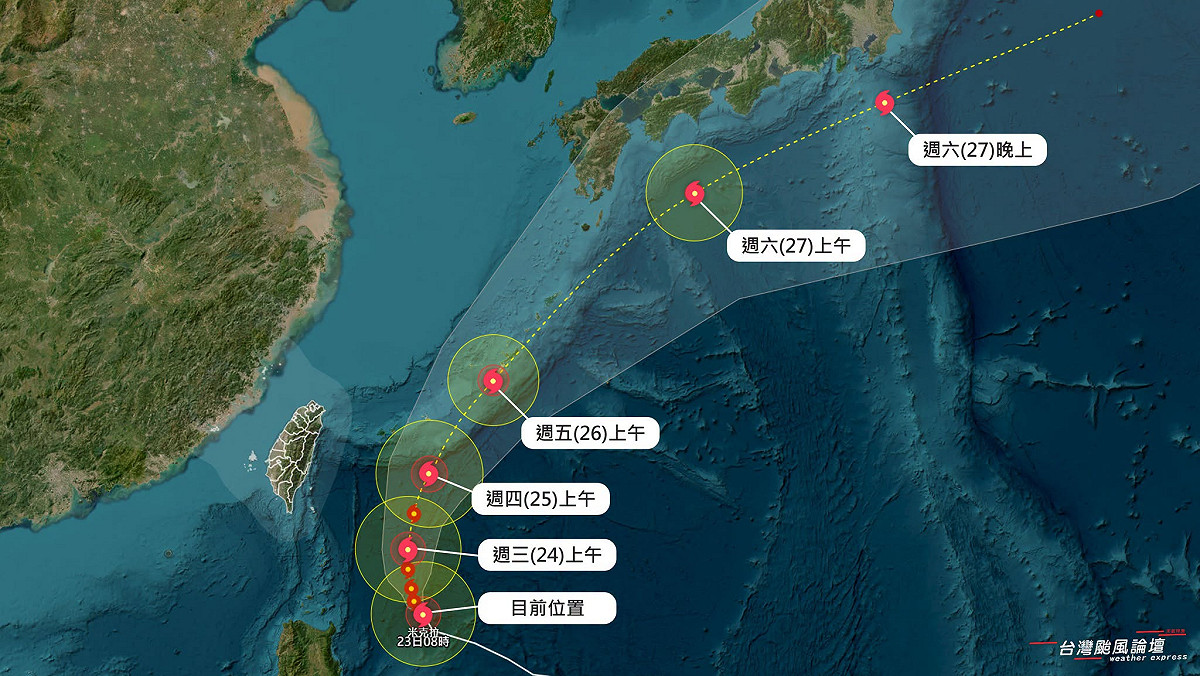 米克拉明後天北上過程中，最接近台灣的距離約400公里；26日通過日本那霸附近海域，之後加速朝東北方向移動，持續往日本南方前進。 圖：取自台灣颱風論壇