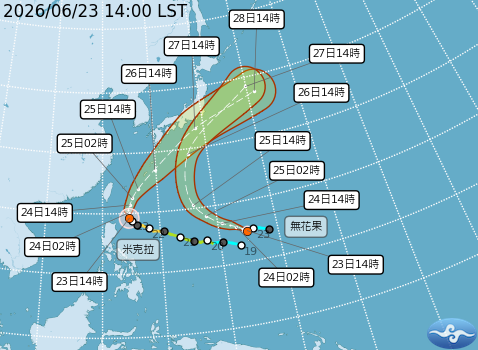 目前海面上雙颱共舞，分別為明後天影響台灣的強颱米克拉，以及今(23)晨才生成的輕颱無花果。 圖：取自氣象署