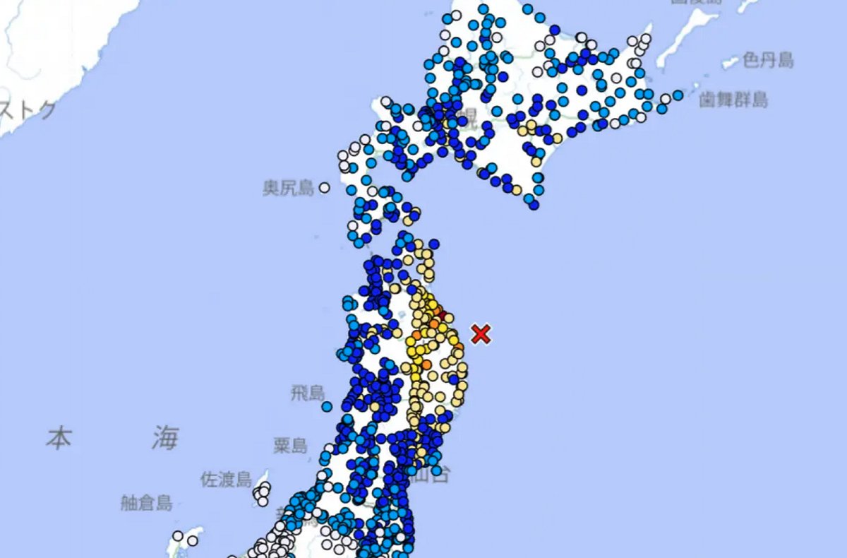 台灣時間25日上午6時30分左右，日本岩手縣外海發生規模7.2地震。 圖：翻攝日本氣象廳官網