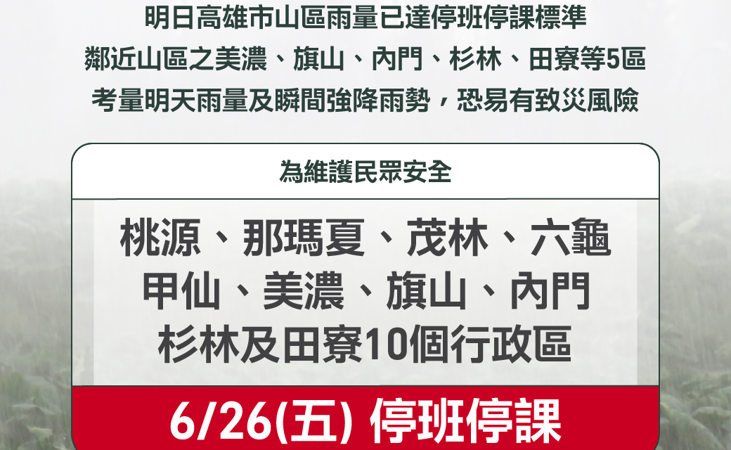 考量雨量及瞬間強降雨勢恐有致災風險，高雄10個行政區6/26停止上班、停止上課。 圖：高雄市政府/提供