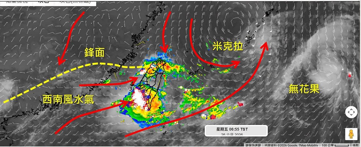 鋒面加上西南風為台灣帶來劇烈降雨。 圖：吳聖宇臉書
