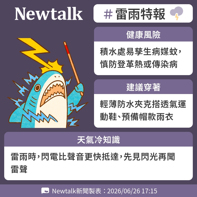 雷雨時，閃電比聲音更快抵達，先見閃光再聞雷聲 圖：Newtalk製表