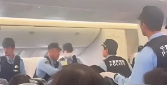 日本警方上機將在美聯航空機上大鬧的中國女子帶走。 圖 : 翻攝自紅星新聞