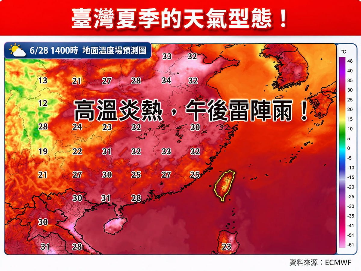「林老師氣象站」指出，台灣夏季約為6月至8月，廣義可延伸至9月。夏天天氣型態主要呈現「高溫、高濕、多對流及颱風」等重要特徵。 圖：取自「林老師氣象站」