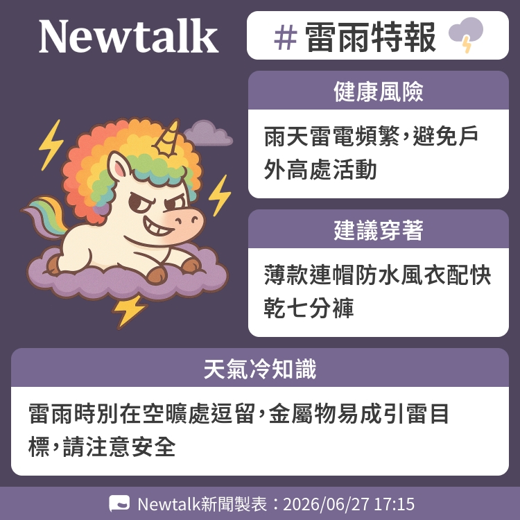 雷雨時別在空曠處逗留，金屬物易成引雷目標，請注意安全 圖：Newtalk製表