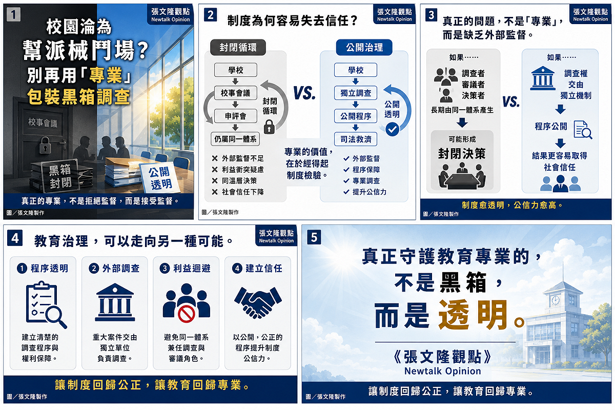現行制度因缺乏外部監督，易引發程序公正疑慮。本文主張建立公開透明、獨立調查機制，讓制度回歸公正，讓教育回歸專業。 圖: 張文隆/製作