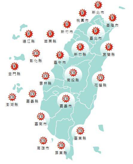 氣象署發布各地紫外線指數預報概況。 圖：氣象署提供
