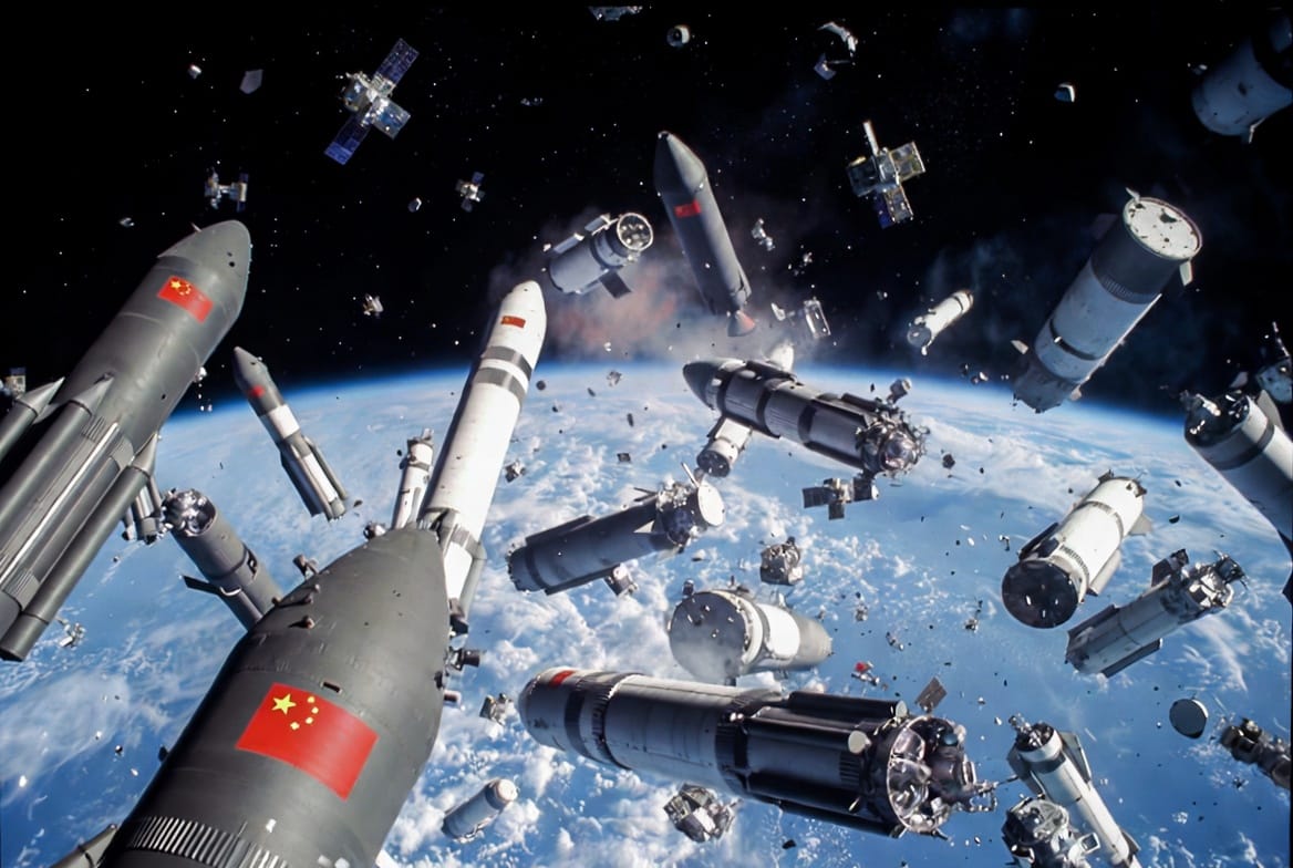 美國太空監測公司報告，中國在2021年1月至2025年1月期間，在低地球軌道（LEO）遺棄51枚使用過的火箭體，成為危險的太空垃圾。（示意圖） 圖：新頭殼製作/Grok