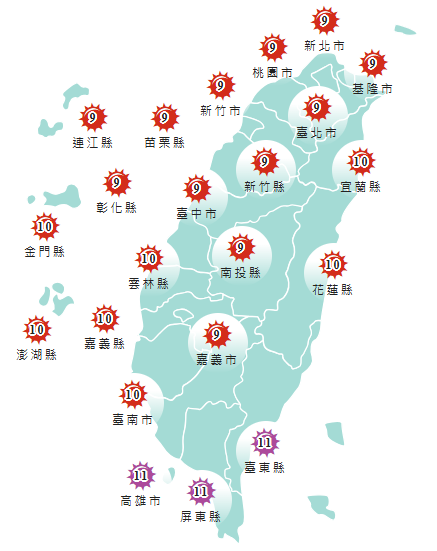 氣象署發布各地紫外線指數預報概況。 圖：氣象署提供
