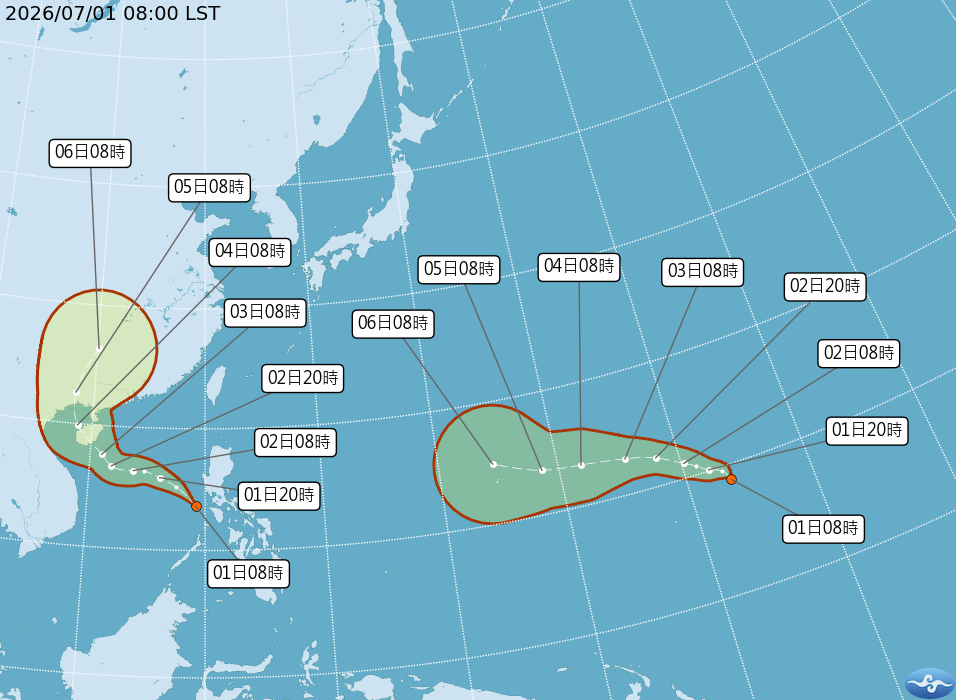 目前海面有 2 個熱帶性低氣壓TD09、TD10，先成颱者將取得第 9 號颱風「巴威」的命名。 圖：取自氣象署