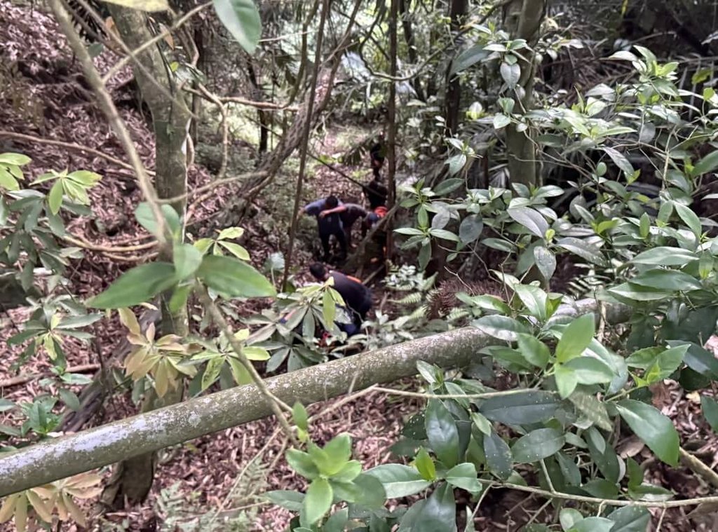 一名男子1日赴嘉義縣梅山太和深山打獵時意外滑落山谷，消防局獲報立刻出動救援，不過失足男子被發現時已身亡，搜救人員合力將遺體抬離事發處。（民眾提供）中央社記者蔡智明傳真　115年7月1日