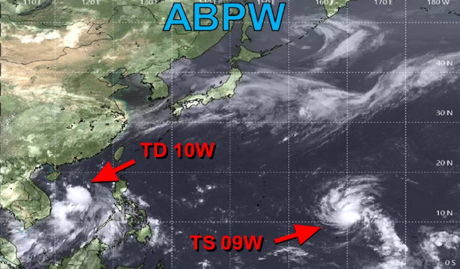 台灣東南東方海面上巴威(TS 09W）雲系覆蓋範圍極大， 圖：翻攝自美國聯合颱風警報中心（JTWC）