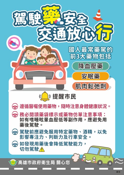 警政署刑事局毒品查緝中心提醒，部分合法藥物可能引發嗜睡、注意力不集中等與酒駕、毒駕同樣危害交通安全狀況，民眾應確實注意醫囑與藥品警語。 圖：翻攝「臉書」高雄市政府衛生局