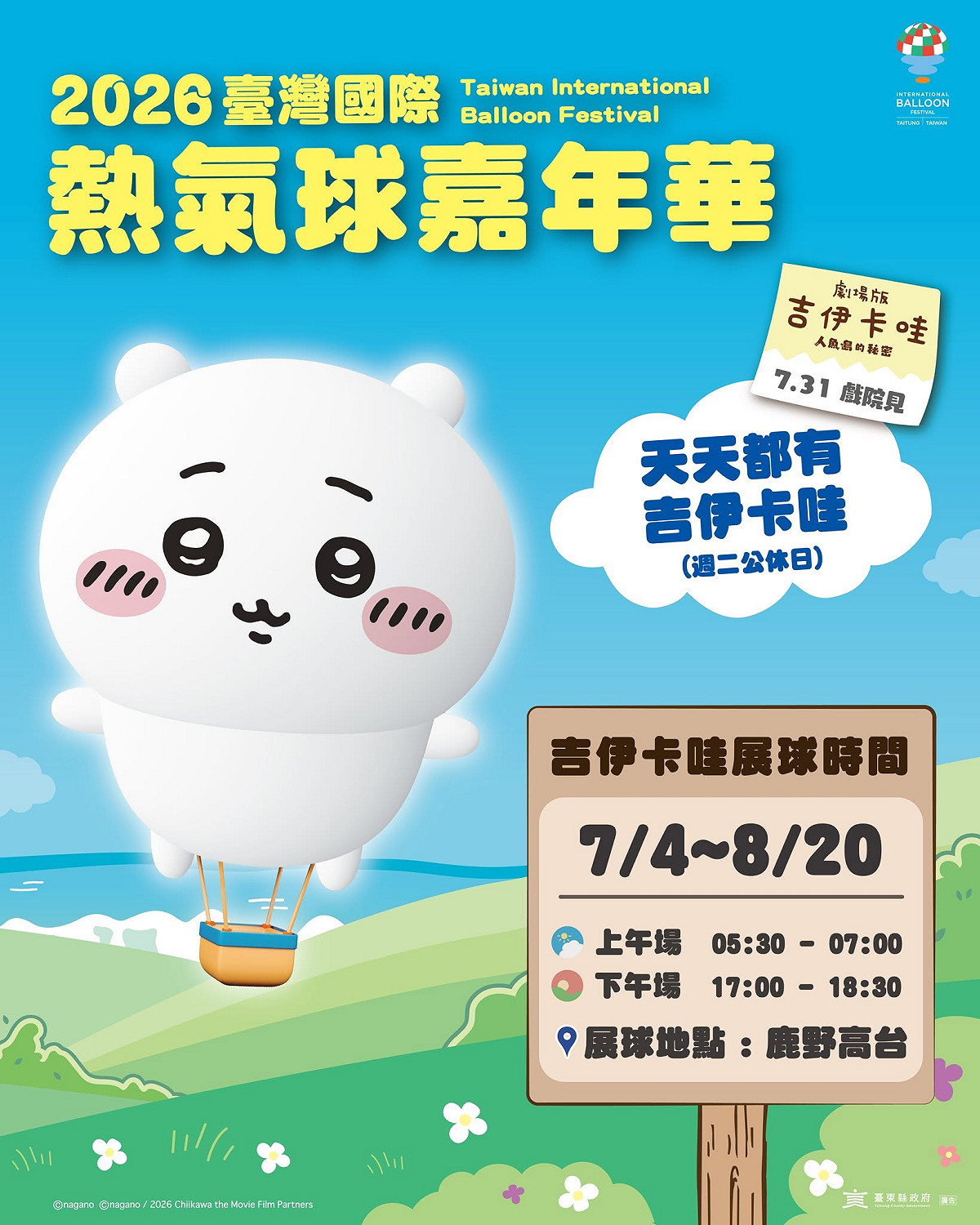4日清晨的「開幕萬球齊飛」儀式中，首次公開超Q造型的「吉伊卡哇熱氣球」，之後更會在鹿野高台天天展球。 圖：台東觀光發展處／提供