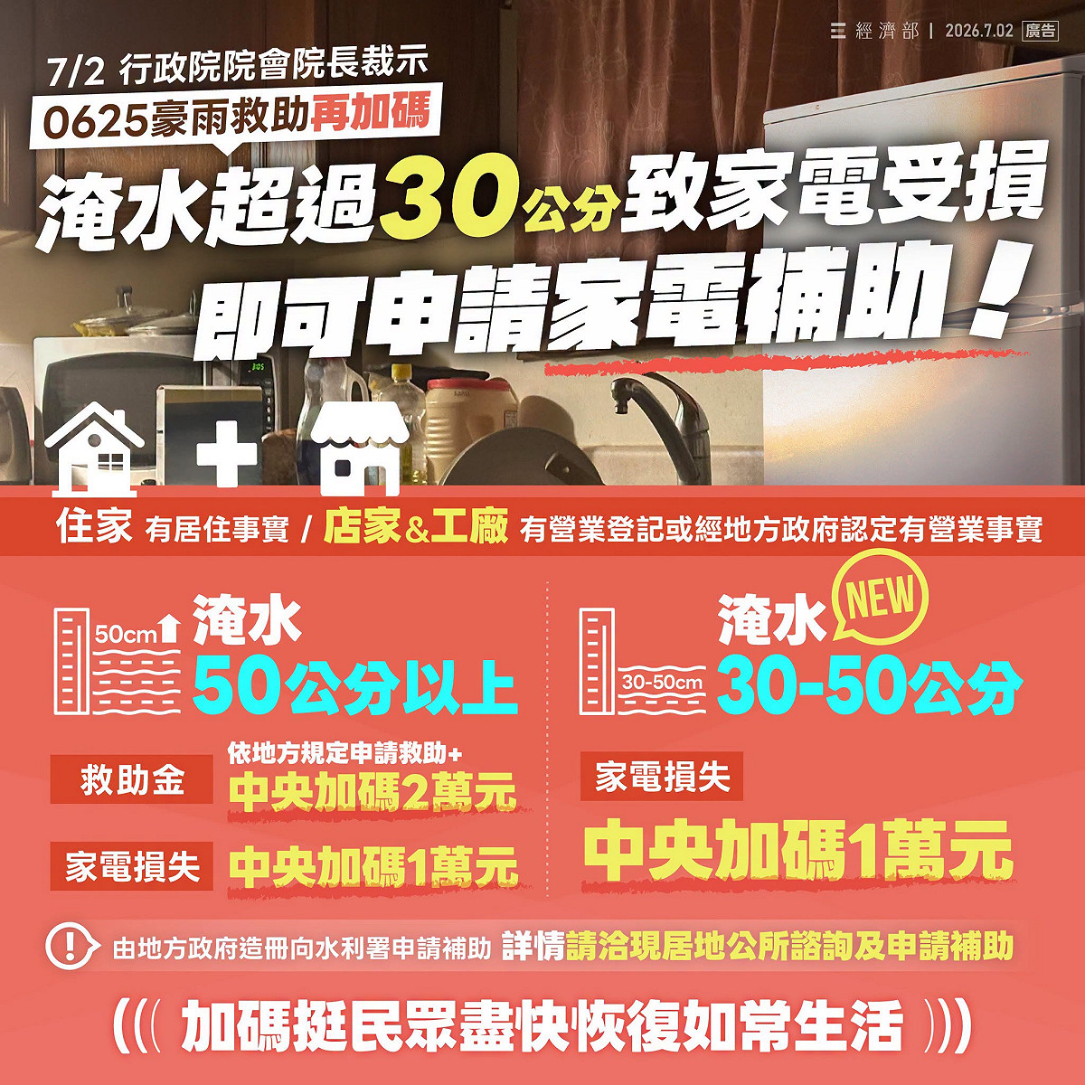中央再加碼！為協助受米克拉颱風豪雨影響的民眾盡快恢復生活，中央加碼的淹水救助，符合重點即可申請。 圖：經濟部提供
