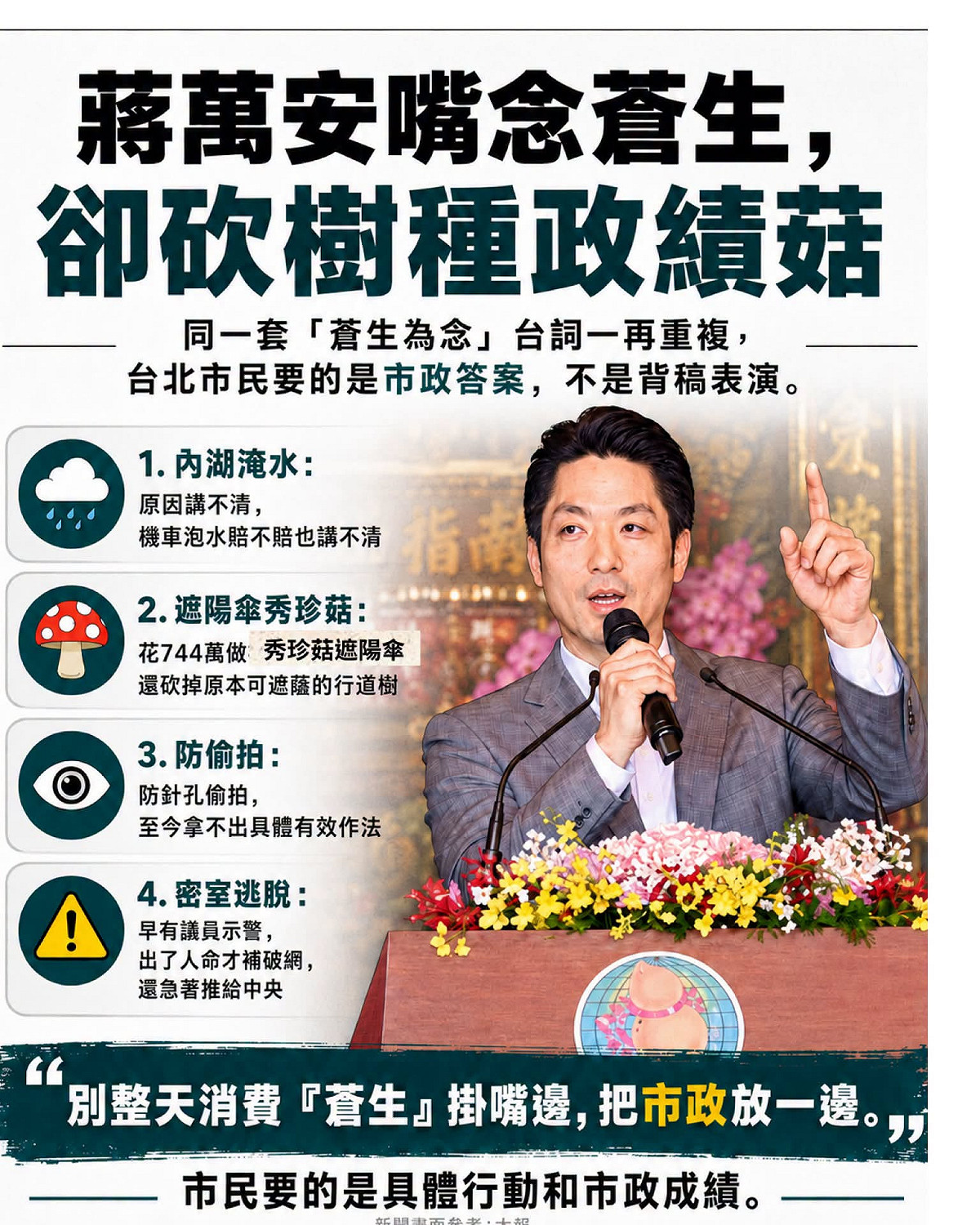 簡舒培痛批，蔣萬安同一套「蒼生為念」台詞一再重複，市民要的是市政答案，不是背稿表演。 圖：取自簡舒培臉書