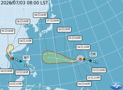 目前海面上雙颱共舞，除了昨(2)日在遠洋生成的巴威颱風外，位於南海的梅莎也在今晨成颱。 圖：取自氣象署