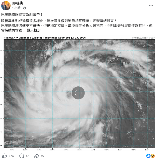 鄭明典今日也在臉書上PO出衛星雲圖指出，目前巴威颱風眼牆雲系正組織中。 圖：翻攝自鄭明典臉書