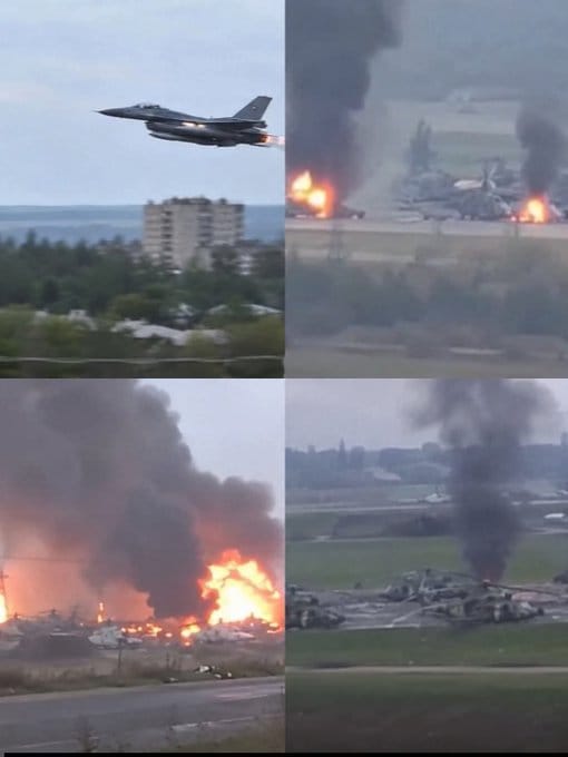 烏軍出動 F-16 戰機襲擊位於俄羅斯羅斯托夫州塔甘羅格市的一座俄軍直升機基地，破壞包含 Ka-52 在內的 4 架俄軍直升機。 圖：翻攝自 @PoderioMilitar X 帳號