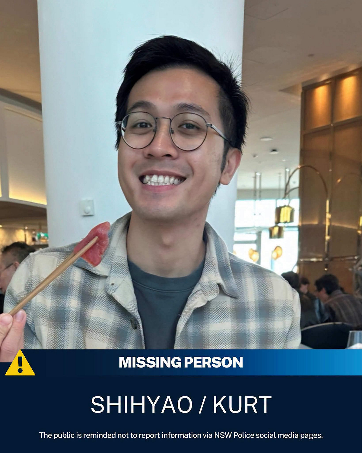 台灣 31 歲男子邱世耀（綽號「西瓜」、英文名Kurt）近日在澳洲雪梨失聯，家屬及親友透過社群平台緊急發布協尋訊息，盼各界協助轉發尋人。 圖：翻攝自 Taiwan in Sydney 臉書