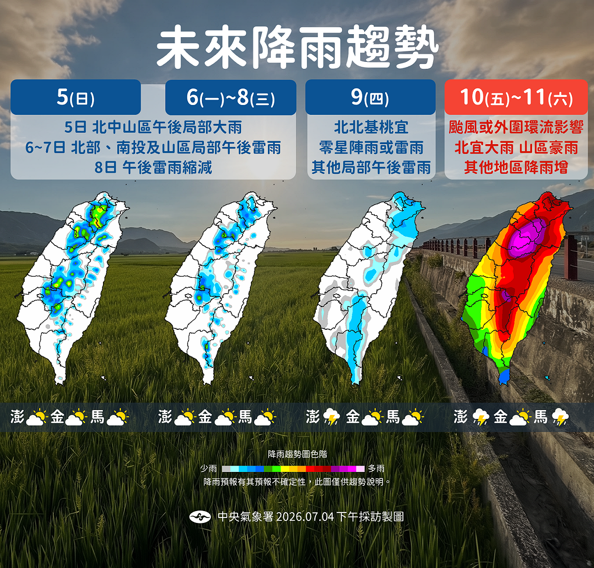 氣象署指出，5至9日各地多午後雷雨，10至11日受颱風影響，北部宜蘭防大雨，山區恐有豪雨。 圖：氣象署／提供