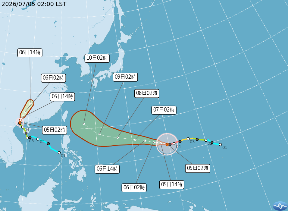 強烈颱風「巴威」今日凌晨2時位於關島東方近海，持續朝西北西方向前進。 圖/中央氣象署