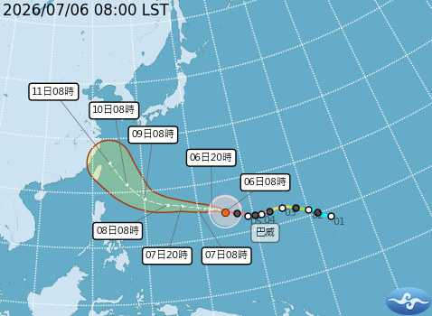 巴威颱風來勢洶洶，目前持續朝西北方向前進，預估9日前後北轉。 圖：取自氣象署