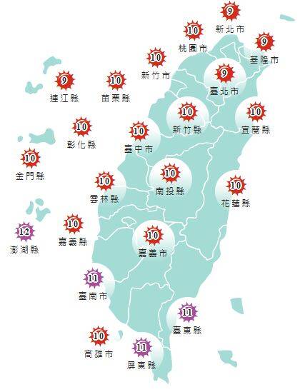 氣象署發布各地紫外線指數預報概況。  圖：氣象署提供