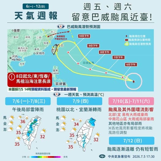 國家公園署強烈呼籲，為保障生命財產安全，請民眾密切注意天氣變化，颱風期間請全面暫緩前往山區或海邊進行登山與水域遊憩活動，若已規劃行程應果斷取消或延後，切勿冒然涉險。 圖：交通部中央氣象署提供