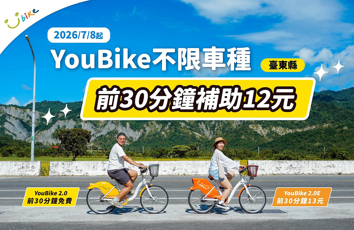 台東縣政府實施騎乘優惠，一般 YouBike 2.0 前 30 分鐘免費，YouBike 2.0E 電輔車前 30 分鐘只需自費 13元。 圖：台東縣政府／提供
