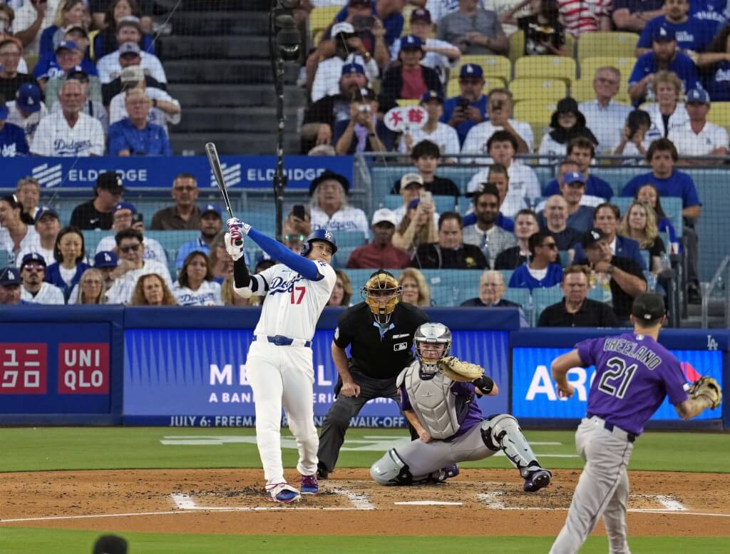 洛杉磯道奇日籍球星大谷翔平（前左）7日敲出本季第19轟，距離MLB生涯累計300轟僅差1支全壘打。（共同社）