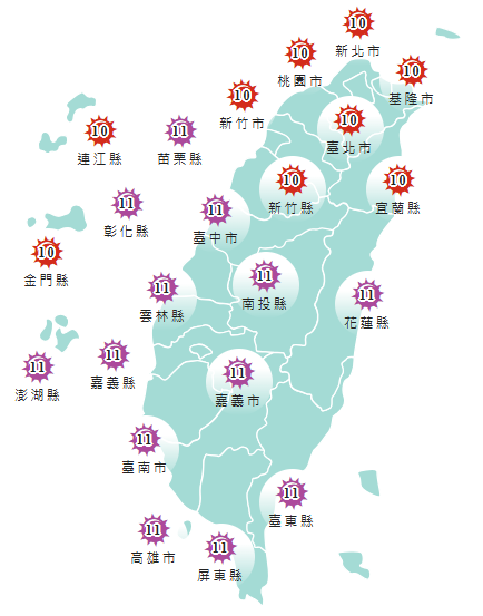 氣象署發布各地紫外線指數預報概況。  圖：氣象署提供