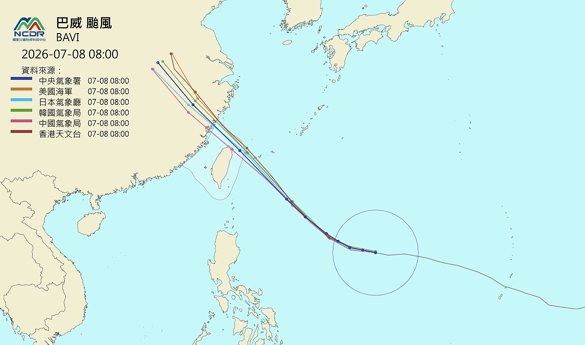 目前各國普遍預測巴威颱風中心不會直接登陸台灣本島，而是會通過日本八重山群島，隨後以由東南往西北的方向，直接掃過台灣北部海面撲向中國。 圖：翻攝自NCDR官網