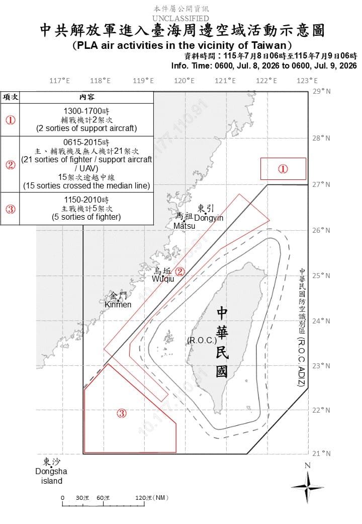 國防部今日公布中共解放軍進入台海周邊活動示意圖。 圖：國防部提供
