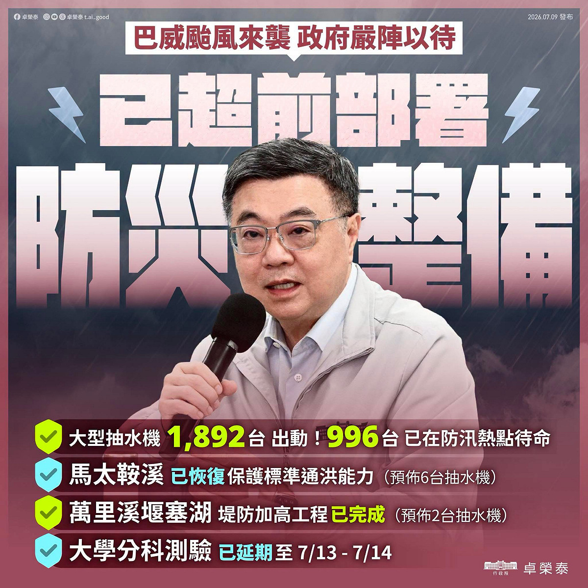 行政院長卓榮泰今（9）天於例行院會結束後，在臉書發文貼出他的裁示，巴威颱風預計在 7/10（五）至7/11（六） 影響台灣最劇烈，行政團隊已全面進入整備狀態。 圖：擷自卓榮泰臉書粉專