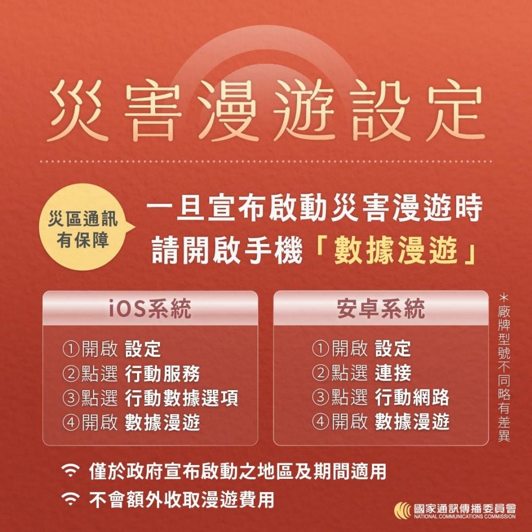 巴威週五晚至週六風雨最強，NCC籲先熟悉災害漫遊，啟用後可維持通訊。 圖：NCC／提供